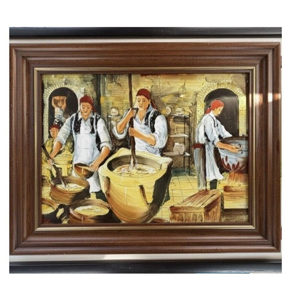 Vintage Folk Art Kitchen Cooking Scene Framed Wall Art Rustic Decor
